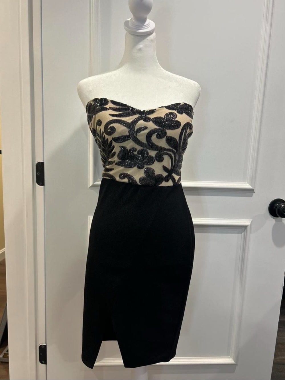 Strapless Black & Nude Floral Embroidered Cocktail Dress